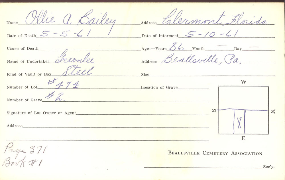 Ollie A. Bailey burial card